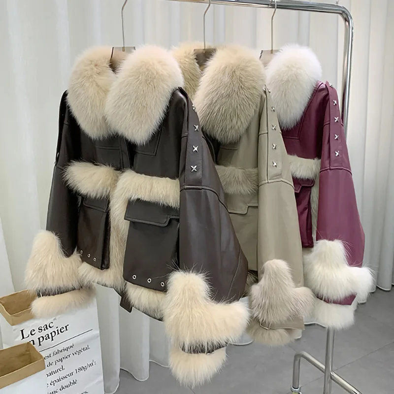 

2021 Women Real Fox Fur Leather Jacket Winter Parka Lady Natural Fur Overcoats Sheepskin Female XM3644