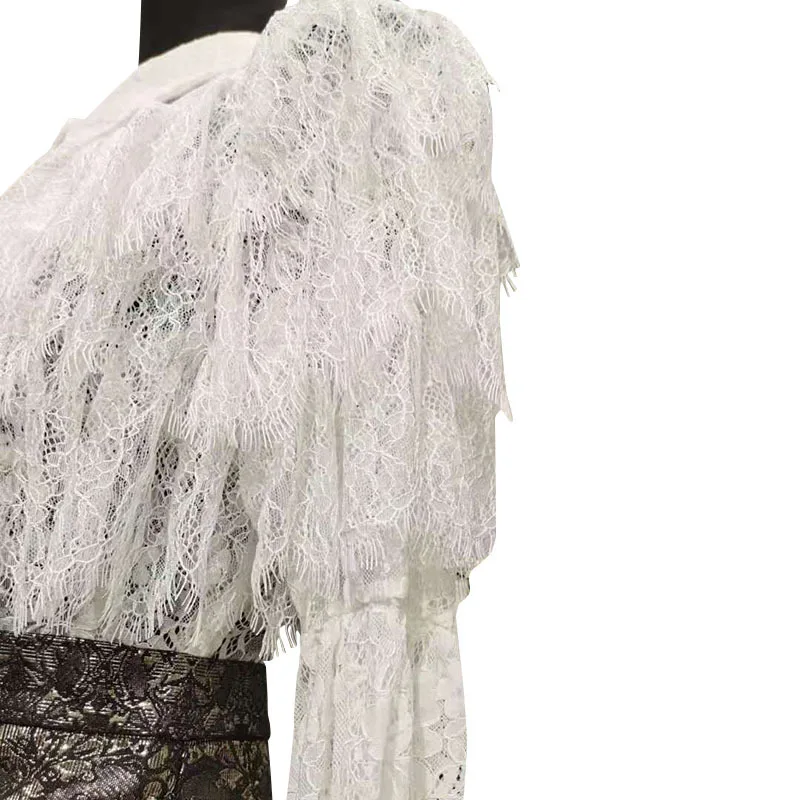 

VGH Elegant Lace Patchwork Bowknot Shirt For Women Lapel Long Sleeve White Sexy Blouse Female Fashion New Clothing Autumn Style