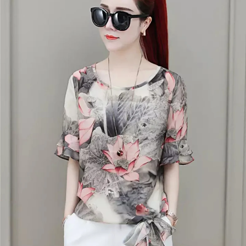 Женские шифоновые Блузки Рубашки Летние повседневные стильные цветочные принты