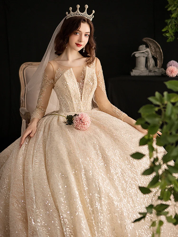 

SSYFashion New Long Sleeve Champagne Wedding Dresses Elegant A-line Sequins Wedding Gowns for Bride Mermaid Vestidos De Novia