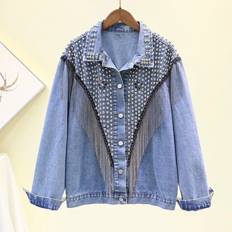 [EWQ] 2021 Новинка весны длинный рукав с бахромой и заклепками куртка размера плюс