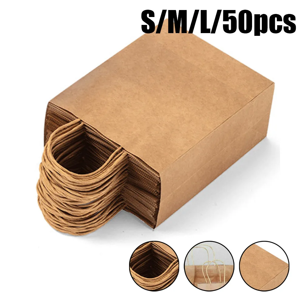 Bolsas de regalo de papel Kraft a granel, bolsa marr&oacute;n artesanal con asas, suministros festivos para fiestas, 50 Uds.-0