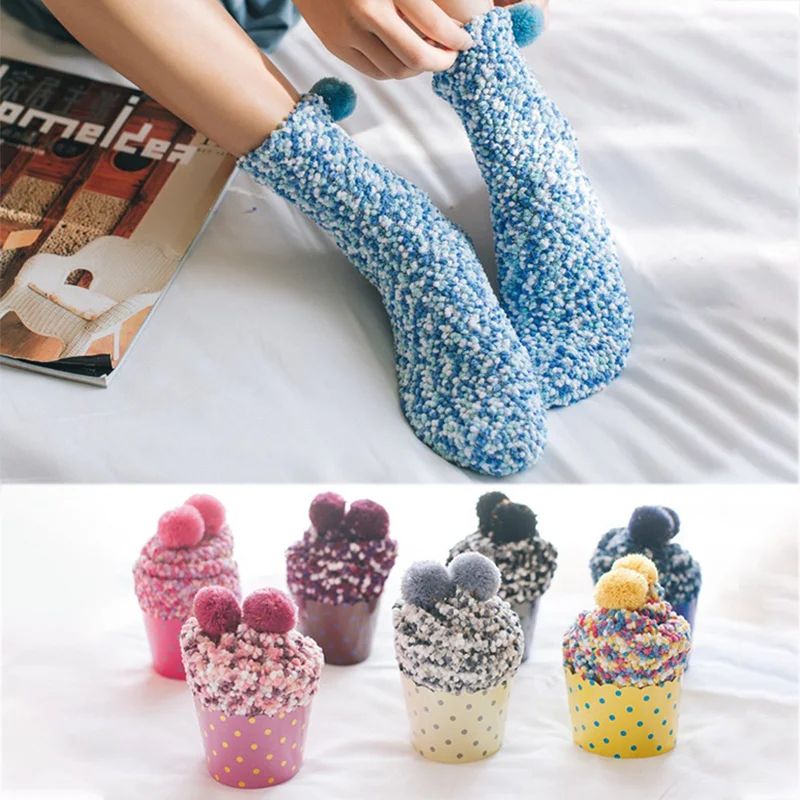 

Plush Knitting Warm Socks Casual Lovely Coral Fleece Candy Colors Home Sleeping Floor Cake Socks With Box Comfortable Breathable