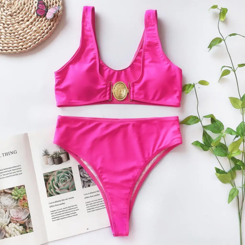 Розовый комплект бикини из 2 предметов с застежкой на грудь укороченный топ