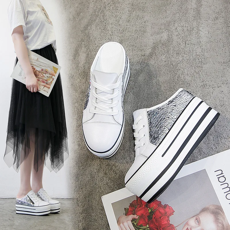 Женская спортивная обувь прогулочная на толстой подошве с блестками Кожаные