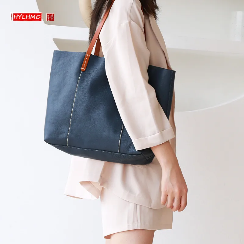 

Сумка-тоут женская из натуральной кожи, модный портативный саквояж, портфель большой вместимости с подбором цветов, чемоданчик на плечо для...