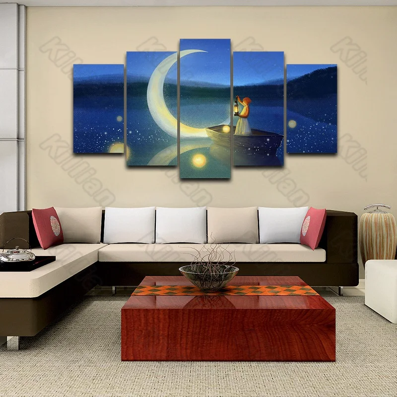 

Landscape Style Mural Canvas Paintings Bed Home Decor Prints 5 Pieces Cartoon Night View Mood Decoration Living Room Wall Fresco