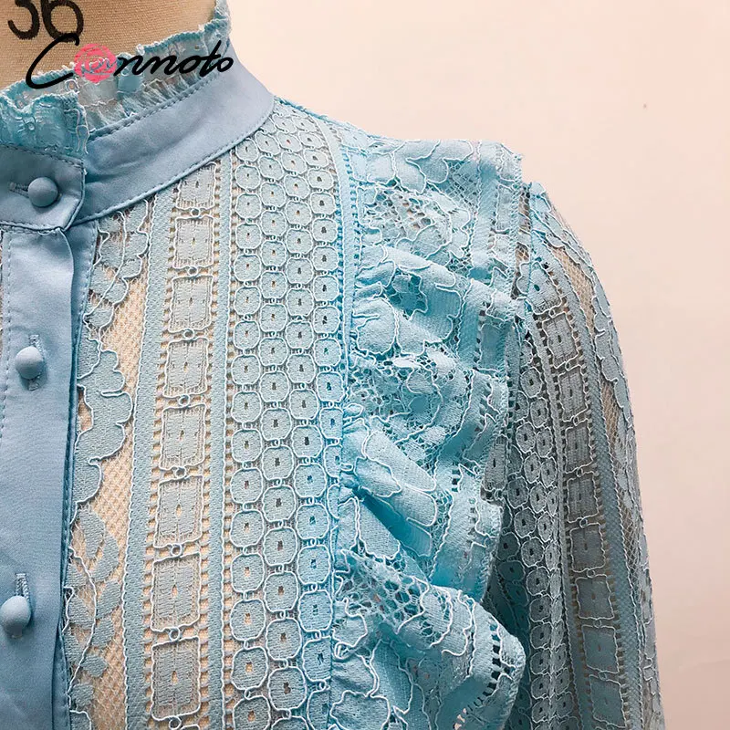 

Conmoto Sexy stand collar lace women blouse shirt Long sleeve hollow out ruffle female top blouse High street style ladies shirt