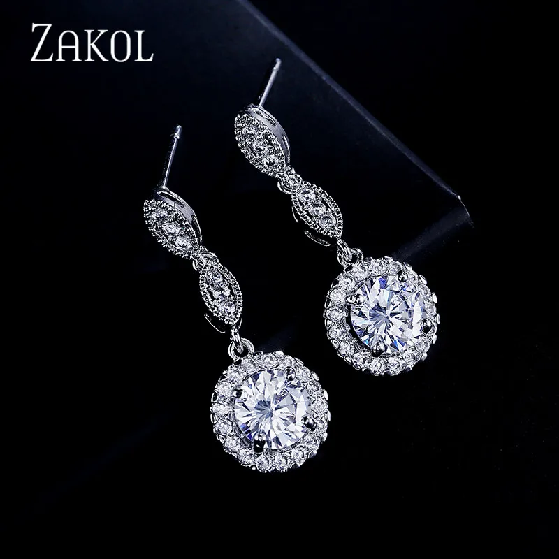 Женские круглые серьги ZAKOL серьги-подвески белого цвета с микро инкрустацией и