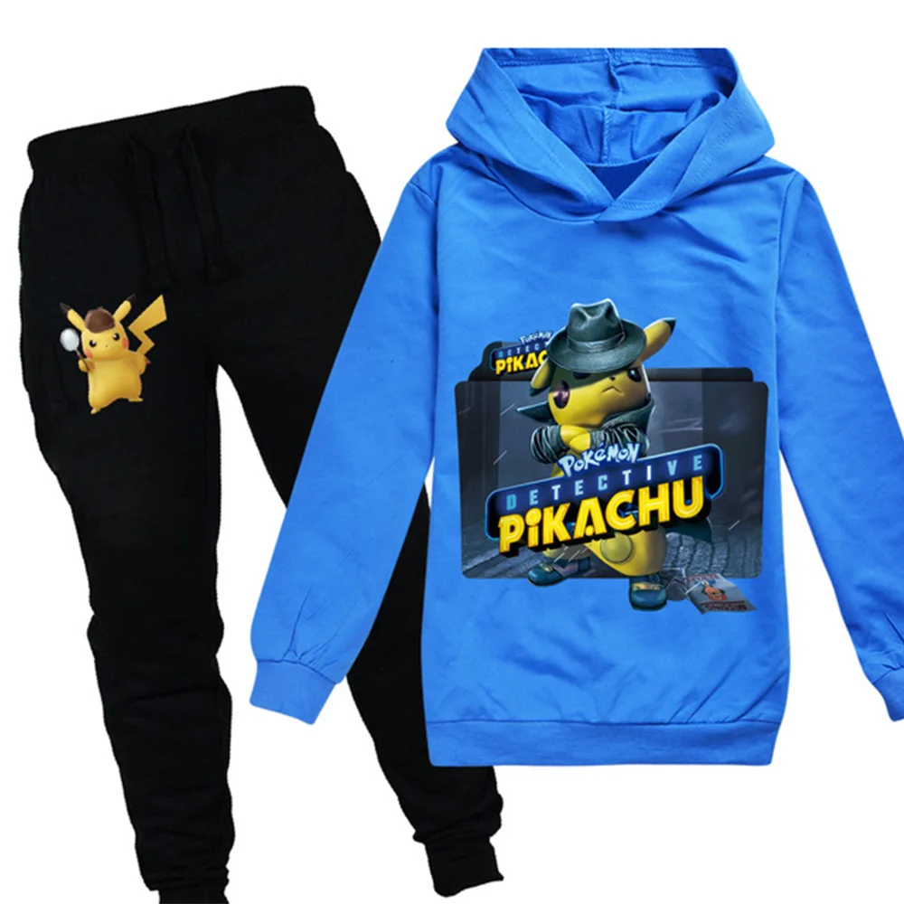 POKEMON GO Detective Pikachu/детская одежда для мальчиков и девочек осенний Свитшот комплект из 2 предметов, хлопковые спортивные толстовки с длинными рукавами и рисунком, Комплект футболок - Цвет: 990blue