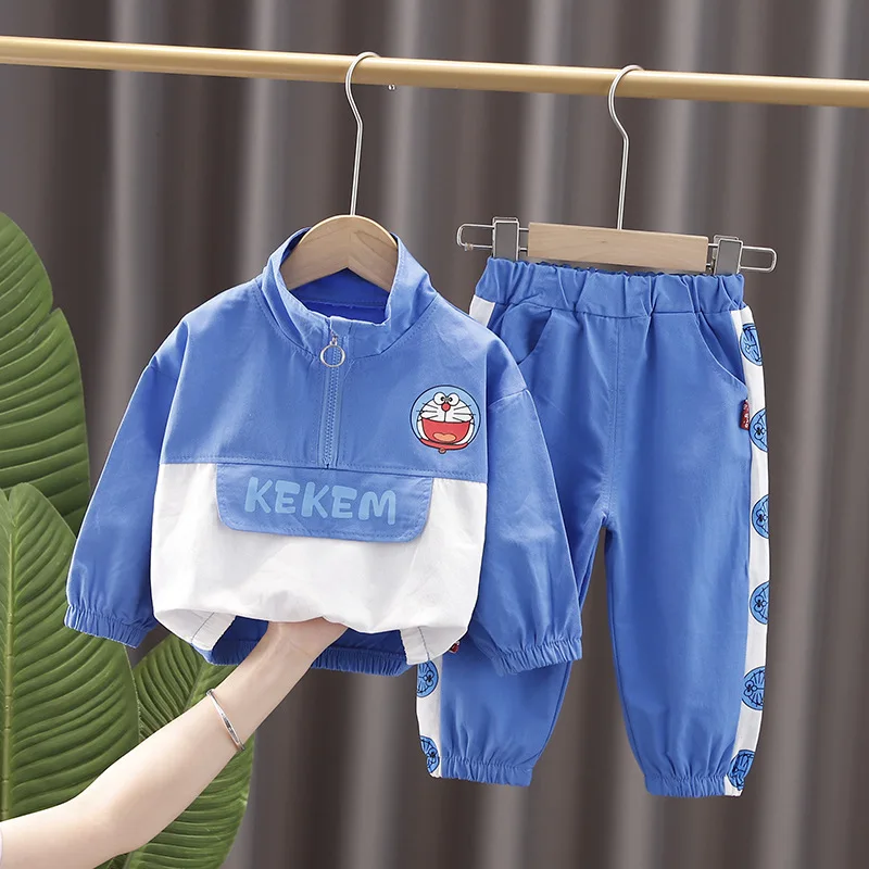 Conjunto de ropa de Doraemon para bebés, niños y niñas, chaqueta de algodón con media cremallera y pantalones, 2 piezas, otoño