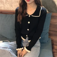 French Sweet Polo Collar Women Crop Top Loose Wood Ears Long Sleeve Knitted Cardigan
