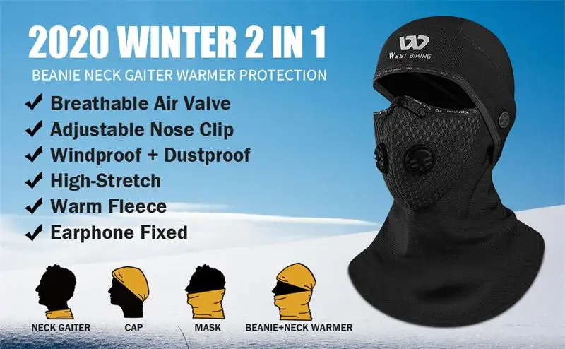 

WEST BIKING 2020 Winter Sport Cycling Headwear With Activated Carbon Filter Face Cover Ski Bicycle Motocycle Fleece Head Cap Hat