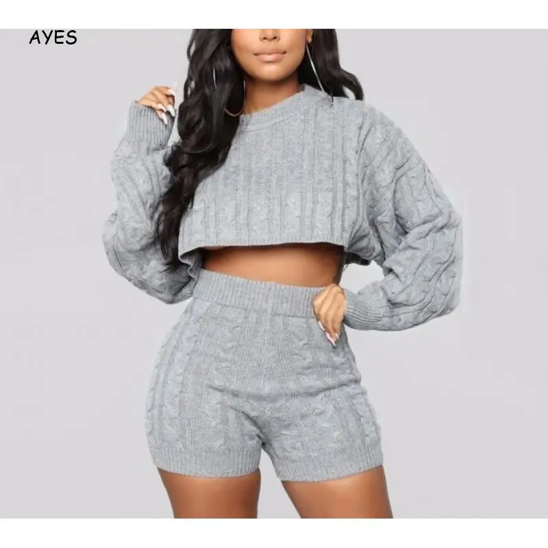 

2020 Women's Tracksuit Set autumn knitted sets women Long Sleeve Sweater + Shorts Female Suit Streetwear