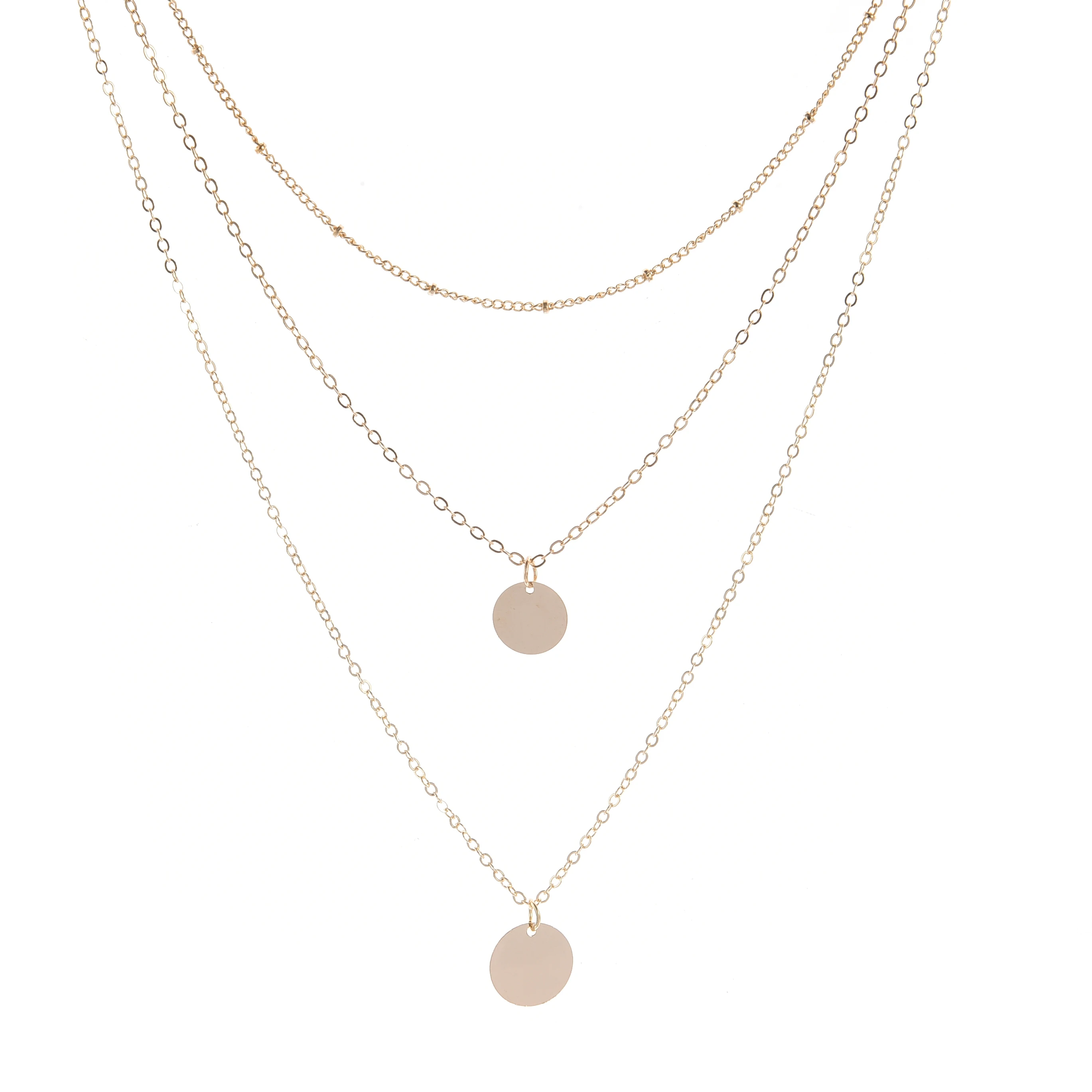 Женское многослойное ожерелье XL220 комплект из 3 цепочек с кулоном в виде диска