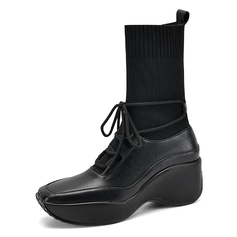 Murah MORAZORA 2022 Sepatu Wedges Hak Tinggi Diskon Besar-besaran Sepatu Bot Kaus Kaki Melar Wanita Sepatu Bot Pergelangan Kaki Musim Dingin Rajut + Kulit Asli Wanita