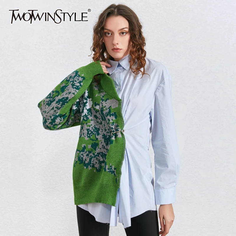 

TWOTWINSTYLE Patchwork Hit Color Kitting Shirts Female Lapel Collar Long Sleeve High Waist Tunic Irregular Blouses Women Fashion