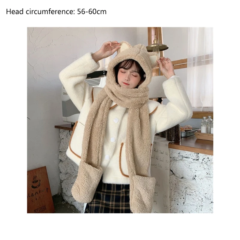 Женский Пушистый Плюшевый теплый комплект 3 в 1 шарф с капюшоном шапка перчатки