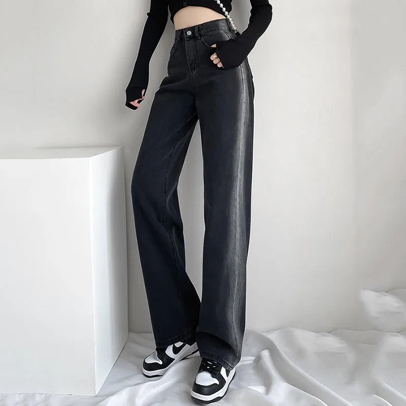 High Waist Jeans Gradient Colors Korean Fashion 2021 Wide-Leg Pants Harajuku Retro Young Women Loose Clothes Straight Trousers