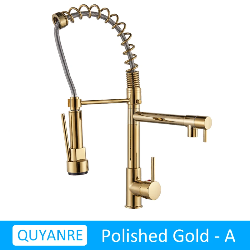 GOLD QUANJINSE Quyanre Матовый никель черный кухонный кран выдвижной спрей двойная функция поток воды поворотный Носик Одной ручкой смеситель раковина - Цвет: GOLD QUANJINSE