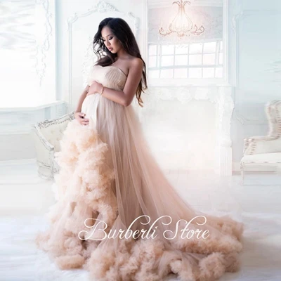 

Lush Khaki Puffy Tiered Ruffles Maternity Women Dress Strapless High Low Tulle Dresses Bridal Night Long Robe To Photo-Shoot