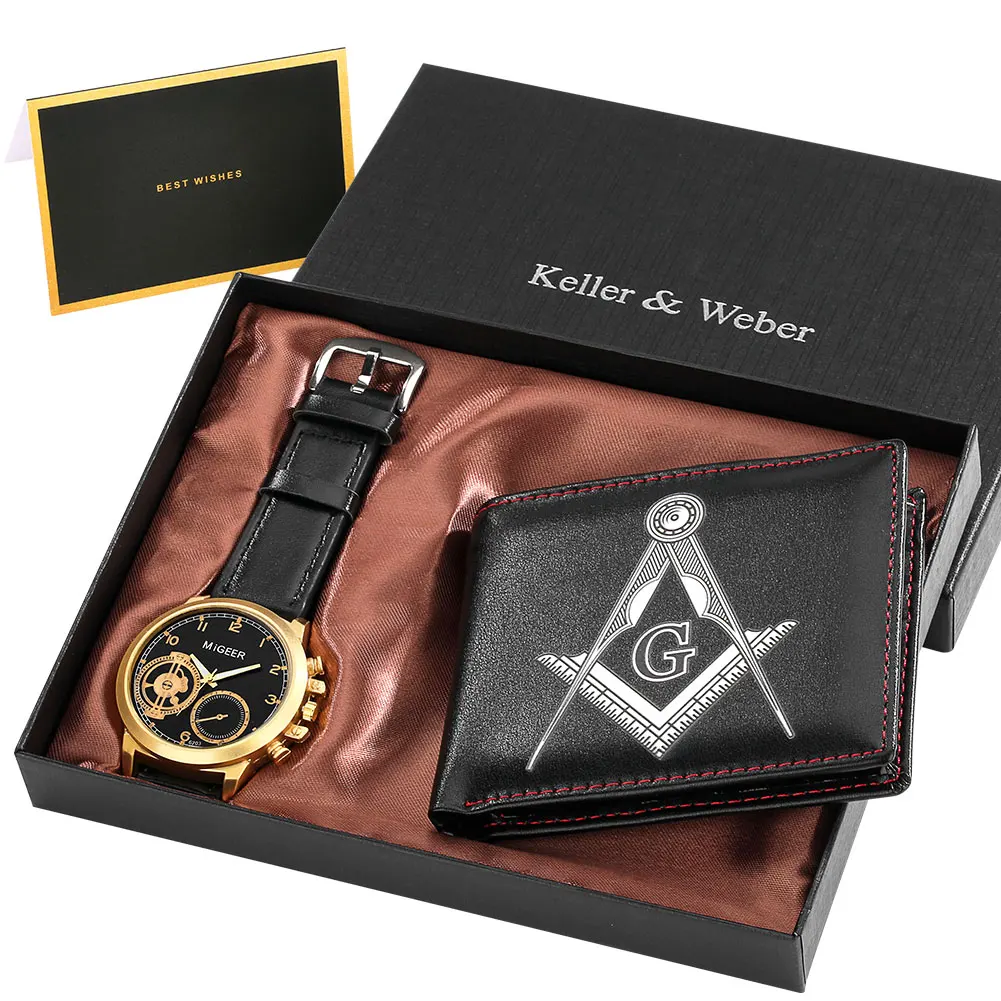 Часы Masonic с бумажником подарочный набор мужские кварцевые часы арабскими цифрами