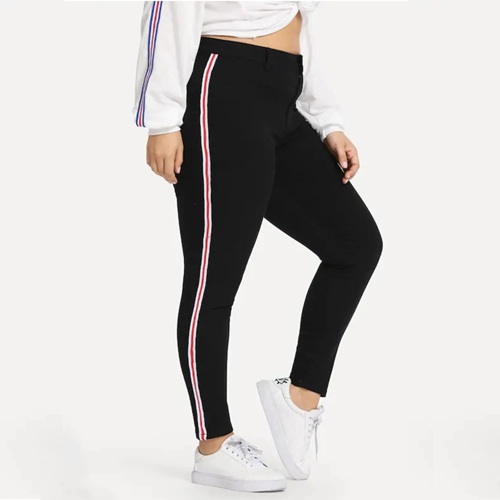 

DOIB Black Side Striped Pants Women Plus Size Skinny Pencil Large Size Autumn Pants Trousers 4XL Big Size Pants