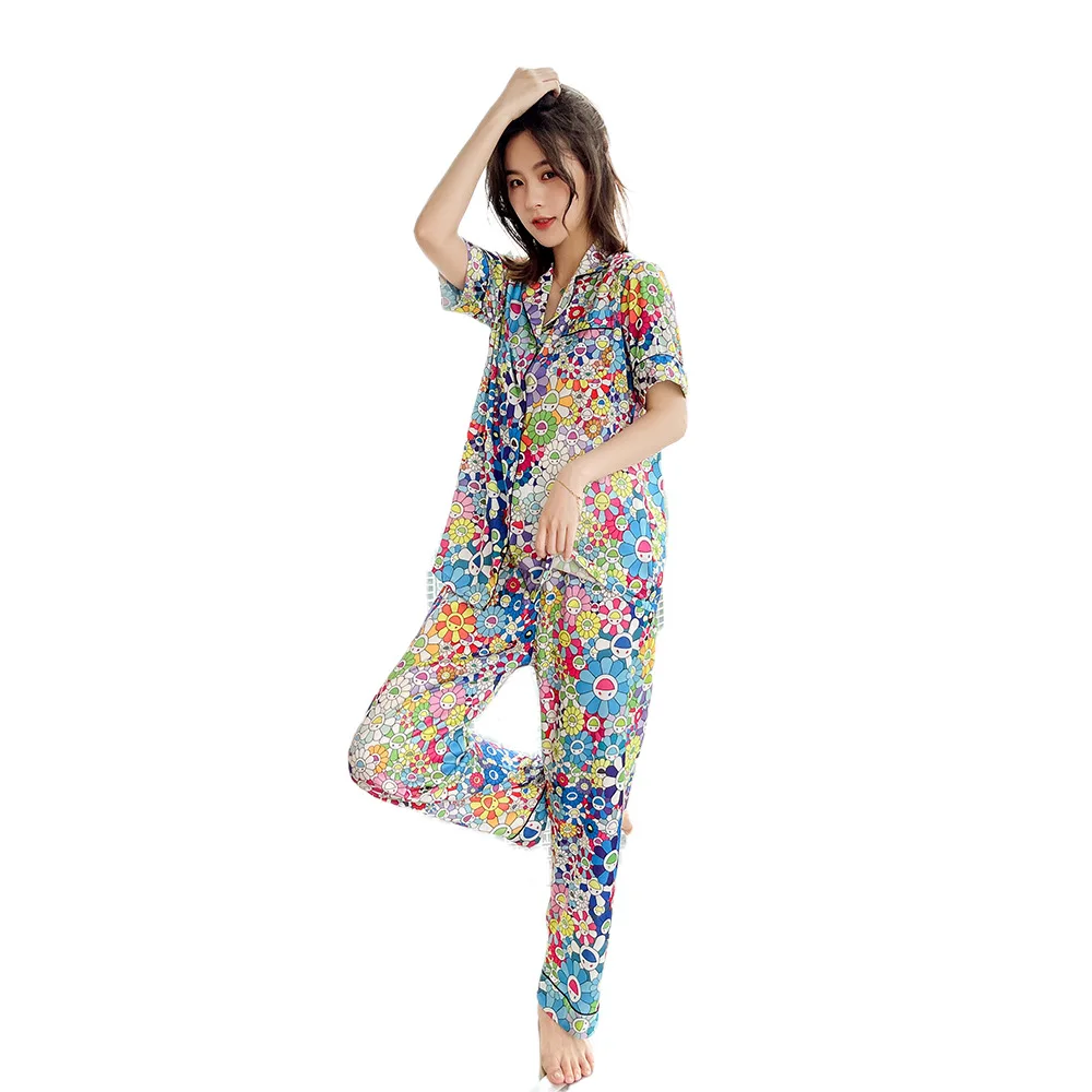 

2021 Summer The New Women's Pajamas Ice Silk Lovely Sun Flower Student Home Service Suit
