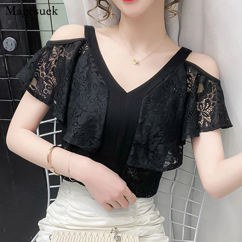 

Элегантная пикантная блузка 3XL с открытыми плечами, женские блузы, летние кружевные черные и белые рубашки с оборками, новинка, простой Прит...