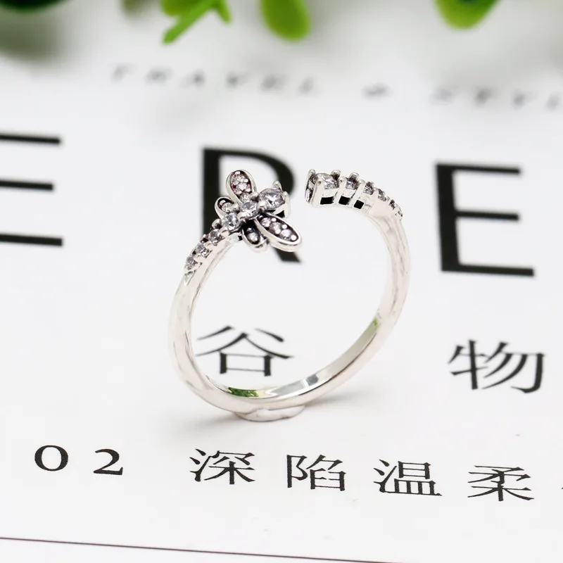 

New Original 925 Sterling Silver Sparkling Dragonfly Open Ring For Women Resizable Wedding Engagement Pan Rings DropShipping