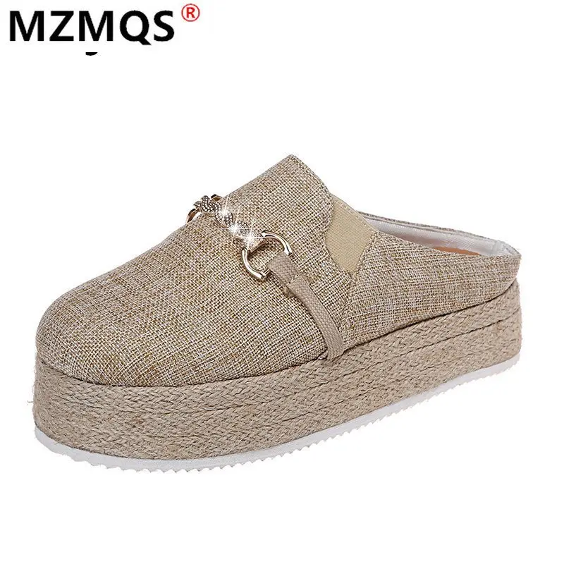 

2021 Spring New Women Platform Slippers Fashion Comfortable Round Head Asakuchi Casual Shoes Women Outdoor Baotou Wedge Slippers