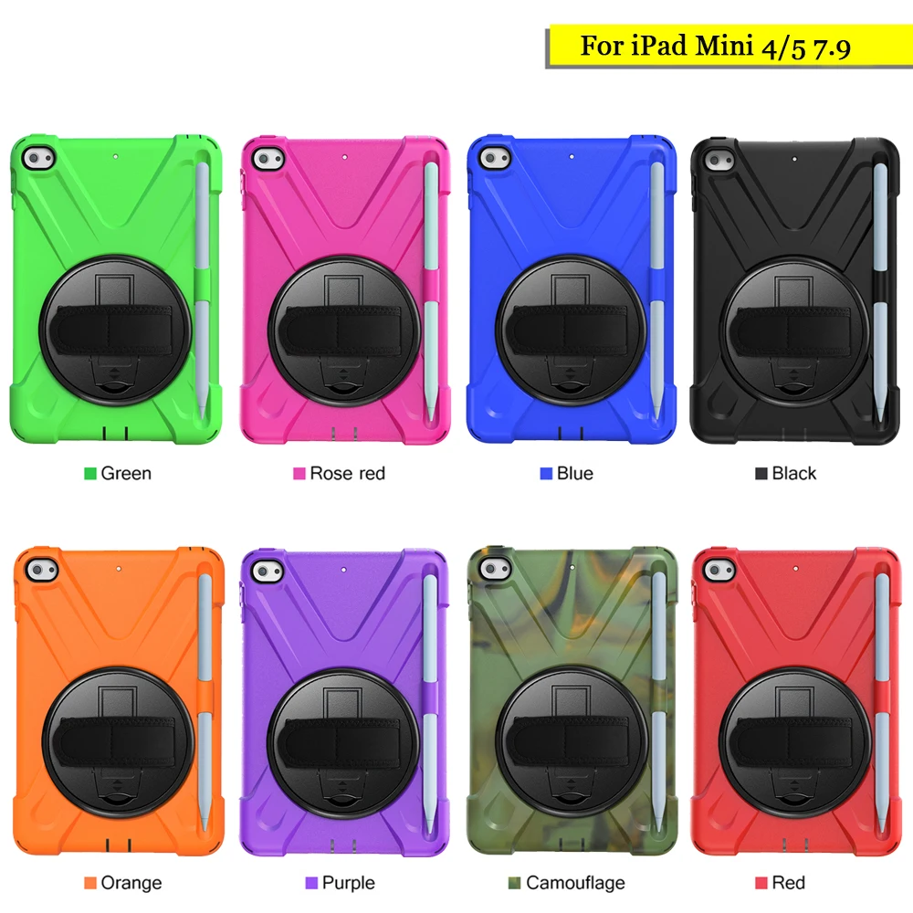 

360 Rotation Silicone Case For Apple iPad Mini 4 5 2015 2019 Stand Tablet Hand Shoulder Strap Heavy Duty Shockproof Cover Coque