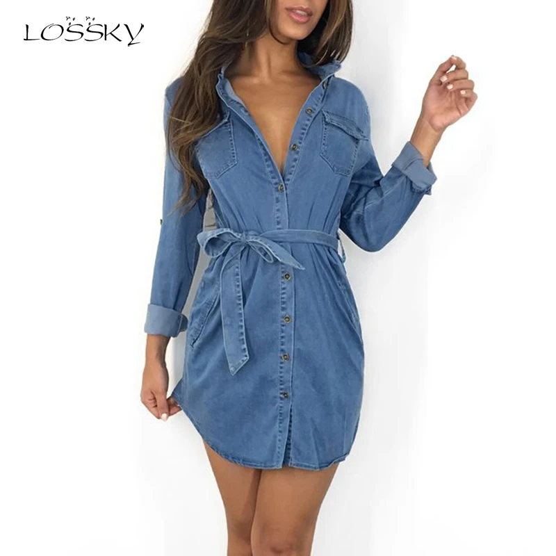 Lossky женское джинсовое платье рубашка с длинным рукавом и поясом Осень зима