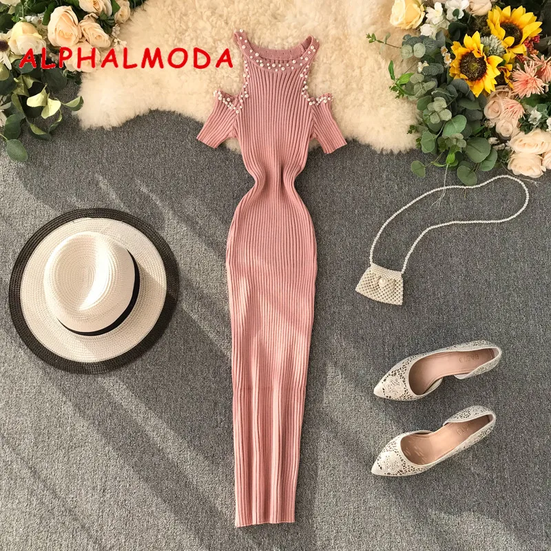 ALPHALMODA 2019 осеннее женское трикотажное платье с открытыми плечами украшенное