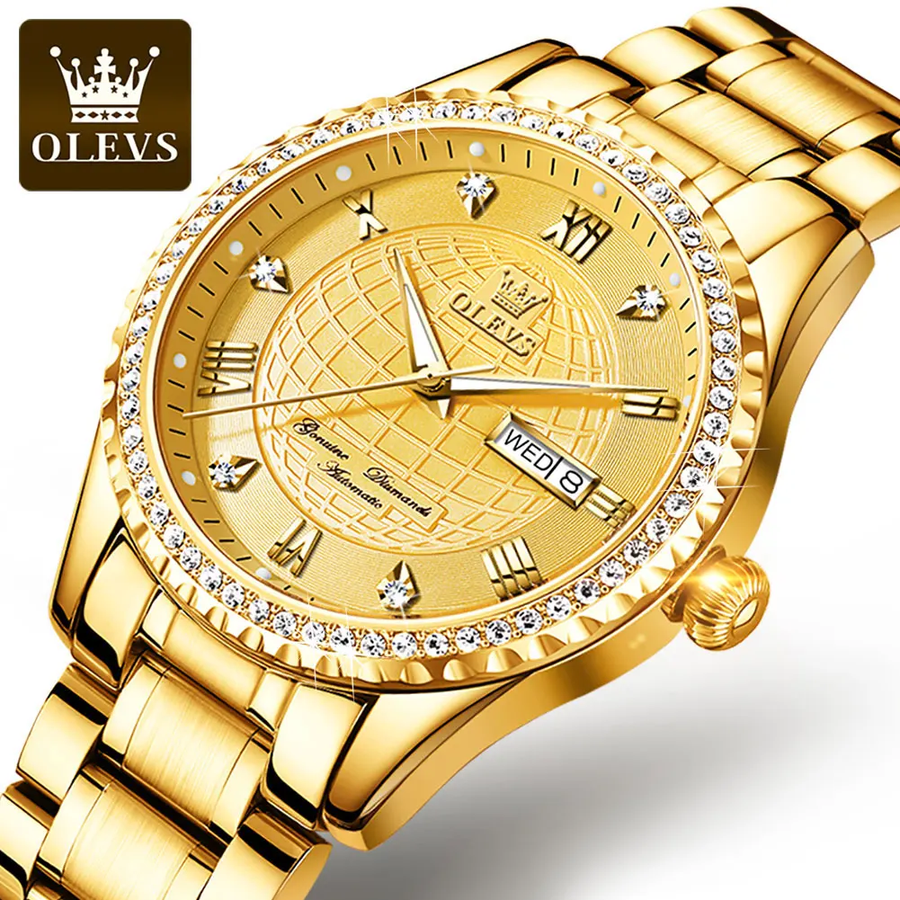 

OLEVS Automatic Mechanical Gold Business Deep Waterproof Stainless Steel Inlay Auger Double Buckle Men's Watch שעון גבריםשעו6616