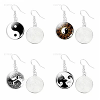 black and white yinyang taichi symbols dangle earrings jewelry yin yang life tree glass cabochon drop earrings gifts for women