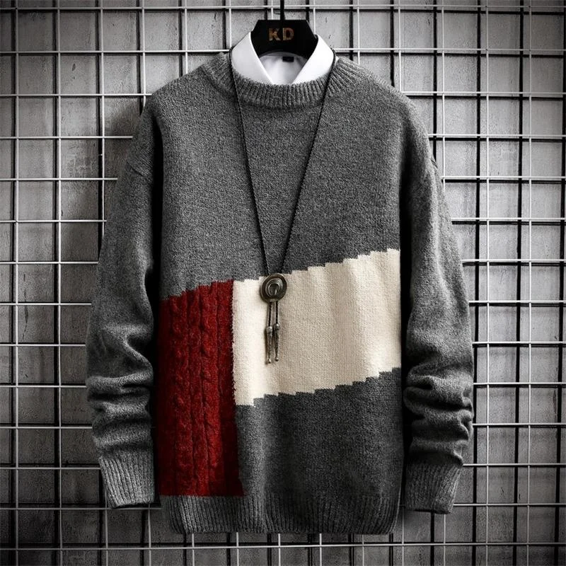 

Patchwork Round Sweaters 2021 Fashion Mens Autumn Winter Collar New Pullovers Men Casual Long Sleeve Harajuku Knitting Sweater