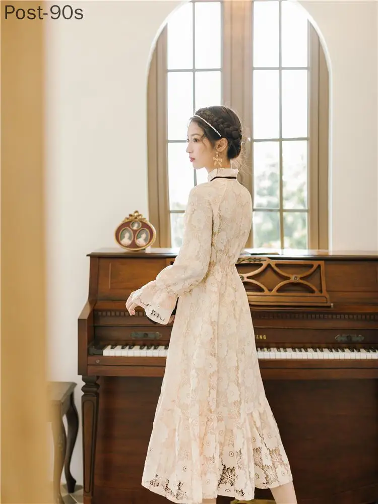 

Vintage Dress Women Casual Elegant Fairy Retro Evening Party Lace Dress Female Embroidery One-piece Dress Korean Autumn