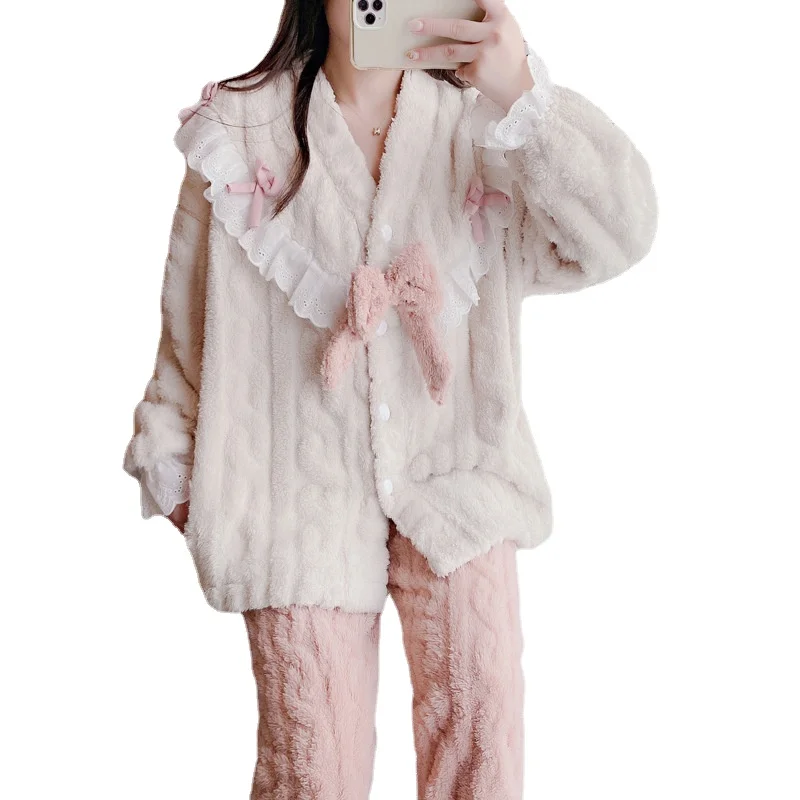 

2022 Autumn Winter Pajamas Set Nightdress EA Women Sleep Shirt & Pant Set Sleepwear Thick Warm Flannel Nightgown Female Pijamas