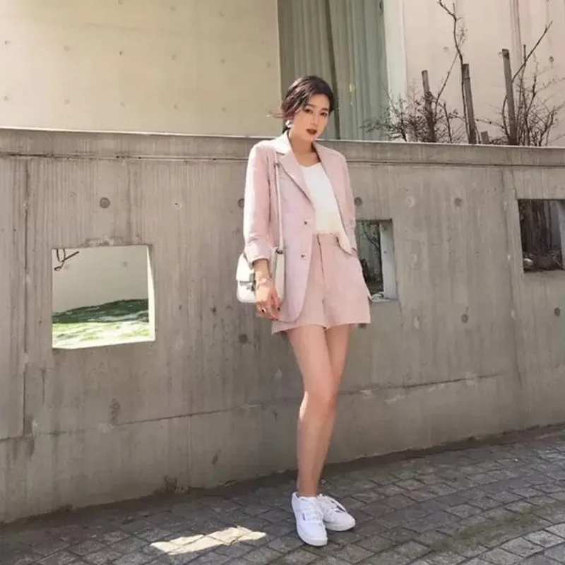 

Office Ladies New Stripes Linen Loose 2Pcs Suis Long Sleeve Single Breasted Notched Medium Length Blazer High Waist Hot Shorts