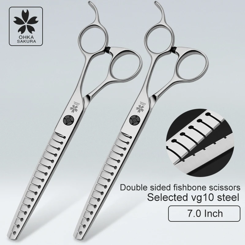 Professional Pet Beauty pioneer type double-sided fish bone 7 inch vg10 thinning dog trimming scissors for pet shop