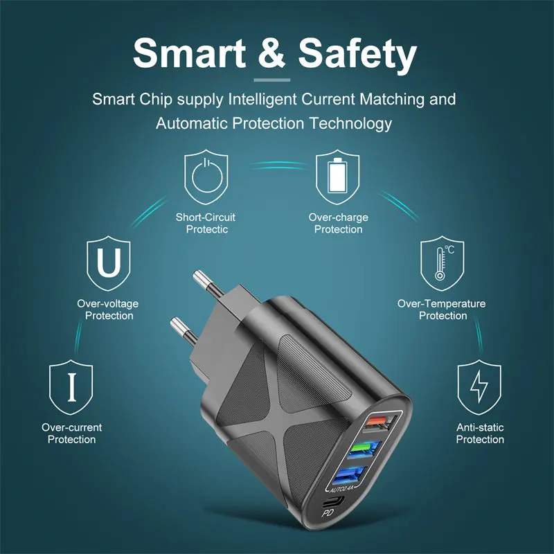 UKGO PD 48W 3 Ports EU US UK Plug Fast Charger Adapter For iPhone 12 11 Samsung Xiaomi Huawei QC 3.0 Mobile Phone Quick Charger