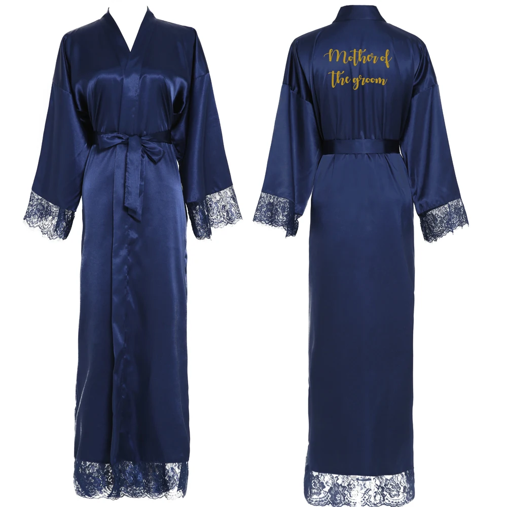 Blue Mother groom Темно-синее длинное простое кимоно для невесты, шелковый халат, атласное вечернее платье, свадебное платье, халат, кружевной халат, дамские халаты, горячее предложение - Цвет: Blue Mother groom
