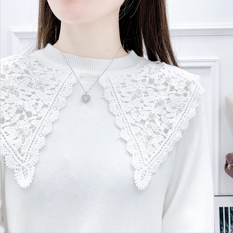 

Sweet Doll Collar Lace Stitching Knitting Pullover Sweater Embroidery Skirts Two-Piece Outfit Women Knitwear Top Skirt Leisure