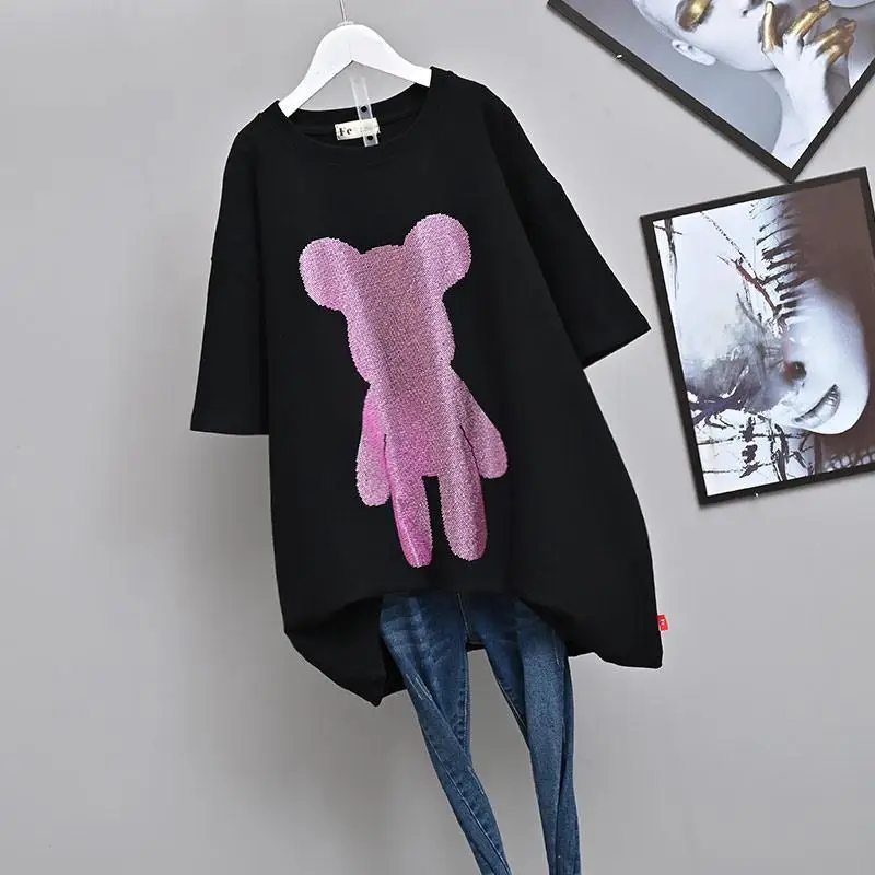 

Mid-Length Cartoon Diamond Bear Short Sleeved T-shirt Women Plus Size Pullover Women Fashion All Match Top