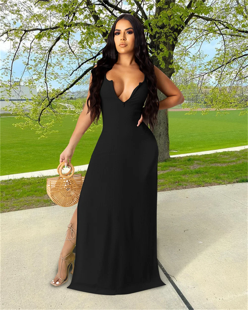 

RStylish Elegant Women Slim Evening Dresses Solid Color Sleeveless Deep V Neck High Slit 2021 Summer Sexy Maxi Long Party Dress