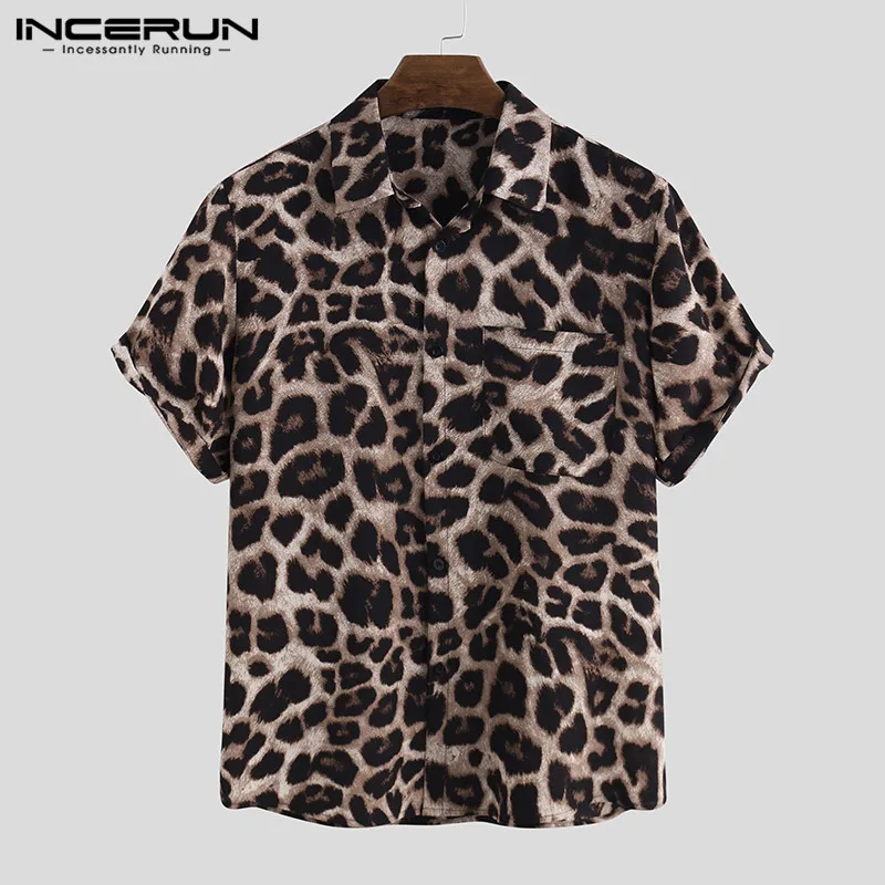 

INCERUN Summer Leopard Print Shirt Men Short Sleeve Streetwear Party 2021 Casual Loose Blouse Lapel Fashion Mens Hawaiian Shirts