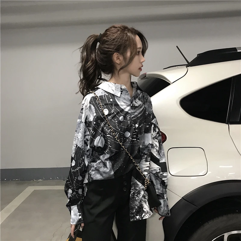 

streetwear print Spring and autumn turn-down collar shirts fashion brand full Harajuku style loose women tops Women's Clothing