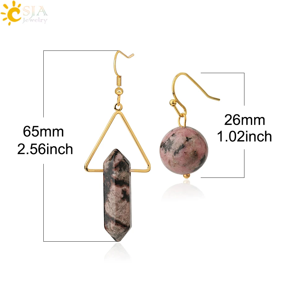 

CSJA Natural Stone Crystal Earrings Set Pointed Hexagonal Column Reiki Round Ball Gold Color Dangle Earrings Female Jewelry G516