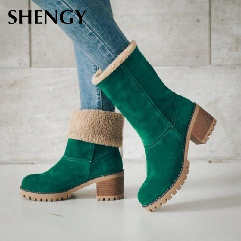 Женские ботинки до середины икры водонепроницаемые зимние с плюшевой подкладкой